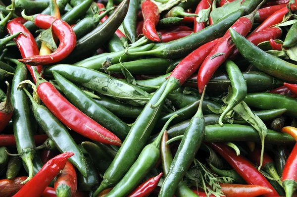 A pile of green and red chili peppers in a vegetables market — Stock Photo, Image