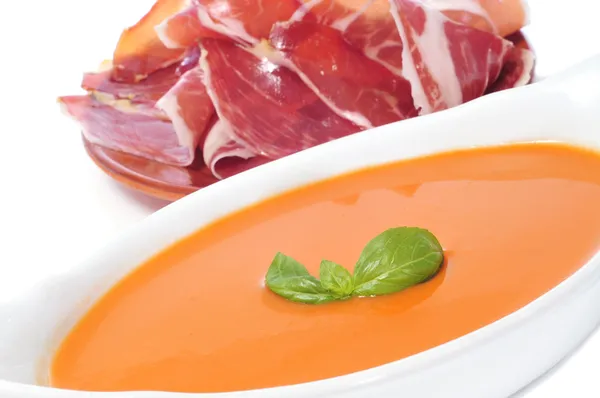 Gazpacho and spanish serrano ham — Stock Photo, Image