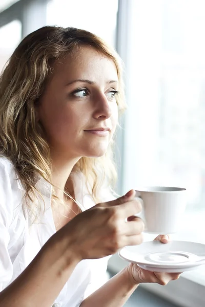 Beautiful woman in street cafe ,with cup — Stock Photo, Image