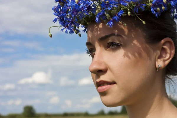 Hermosa chica en corona de flores, yacía en el prado en el día soleado —  Fotos de Stock