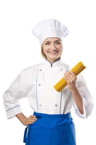 Chalupa com espaguete nas mãos sobre fundo branco — Fotografia de Stock