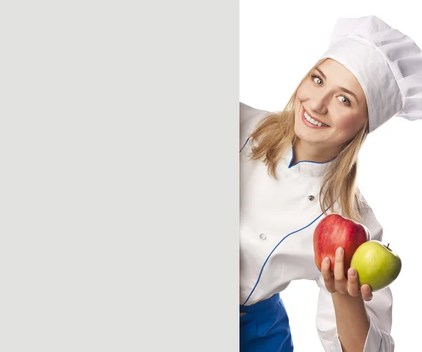 Giovane Chef Con Una Frutta Mano Grandi Tavole Grigie — Foto Stock