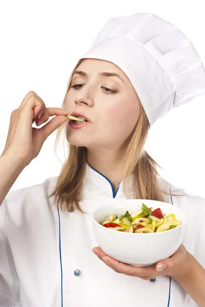 Chefe Segurando Uma Salada Saudável Estúdio Fundo Branco — Fotografia de Stock