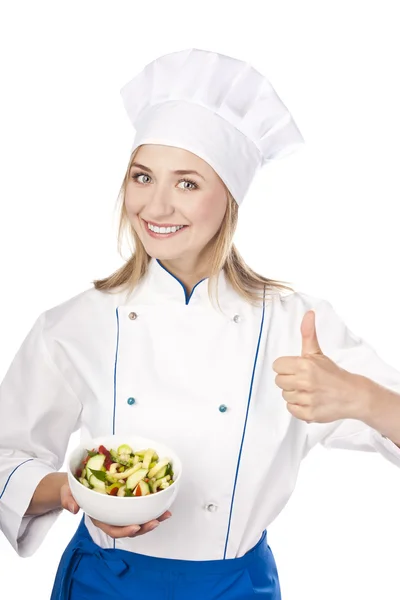 Chef-kok houden van een gezonde voeding. Studio witte achtergrond — Stockfoto
