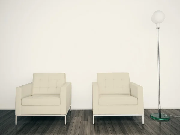 最小限のモダンなインテリアの肘掛け椅子およびランプ — ストック写真