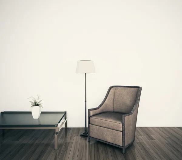 最小限のモダンなインテリアの肘掛け椅子とテーブル — ストック写真