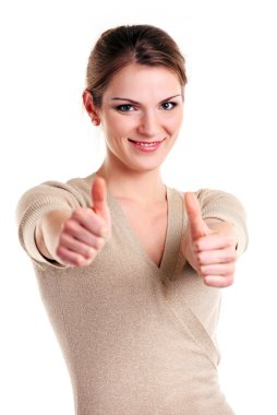 Happy young woman showing thumb up sign clipart