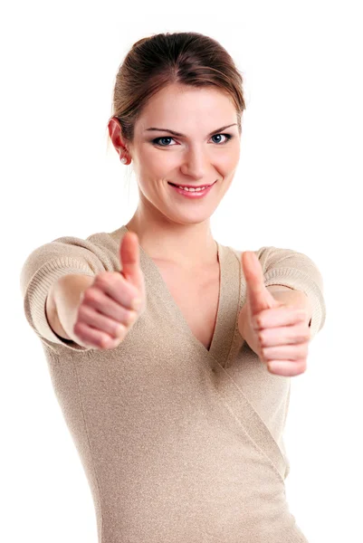 快乐的年轻女人，显示了招牌的拇指 — 图库照片