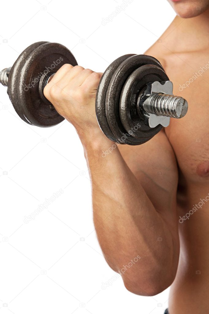 Cropped view of a muscular man lifting weights