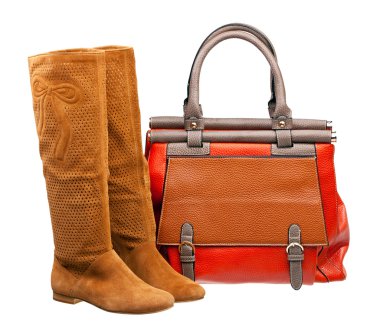 Pair of knee-high female boots and handbag over white clipart