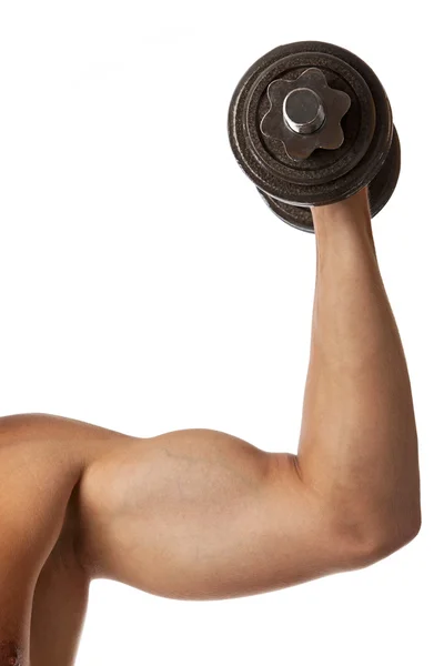 Beskuren bild av en muskulös man lyfter en hantel — Stockfoto