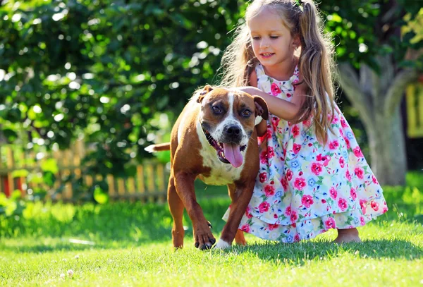 Bonita menina brincando com seu cão terrier Staffordshire — Fotografia de Stock