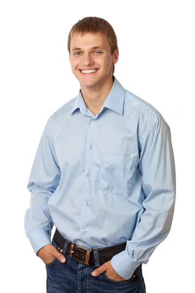 Young Caucasian man smiling brightly against white — Stock Photo, Image