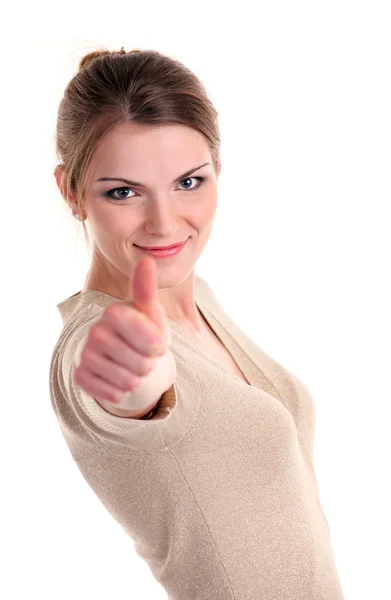 Mooie jonge vrouw duim omhoog teken tonen en glimlachend helder — Stockfoto