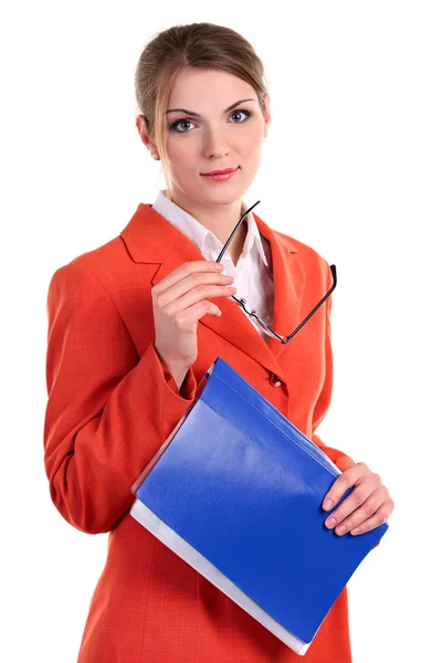 Giovane aucasica donna d'affari che tiene gli occhiali e una cartella — Foto Stock
