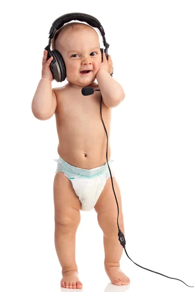 stock image Portrait of a cute one-year old boy wearing a headset