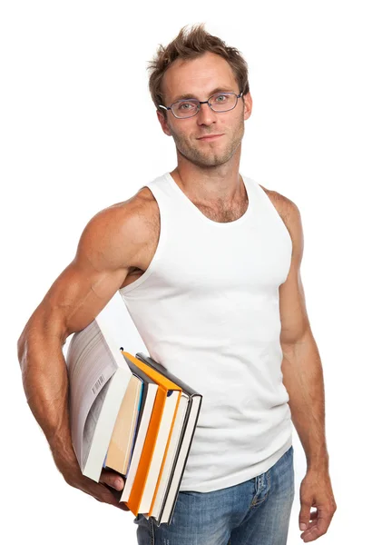 Beyaz adam kitap yığını üzerinde beyaz taşıma — Stok fotoğraf