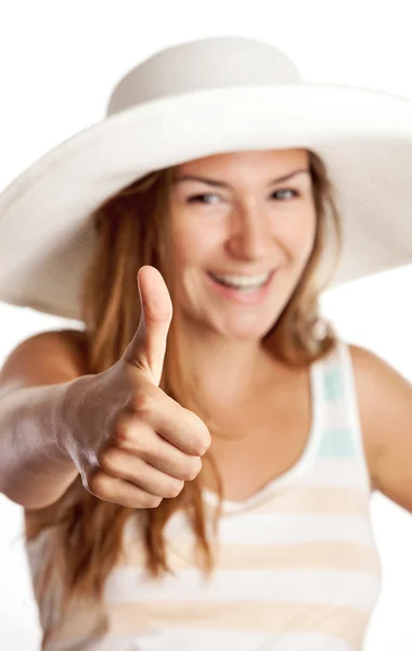 Pretty young girl smiling brightly and showing thumb up sign Stock Picture