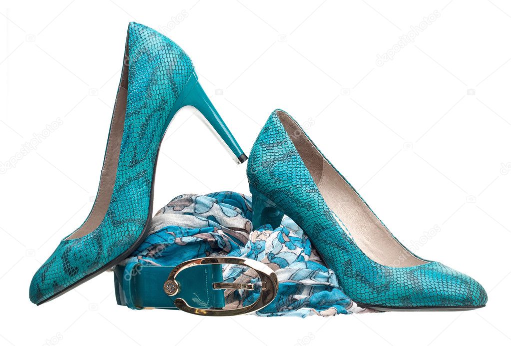 Pair of turquoise women shoes, belt and silk scarf