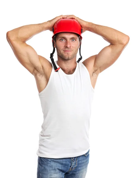 Jovem caucasiano em um capacete isolado em um fundo branco — Fotografia de Stock