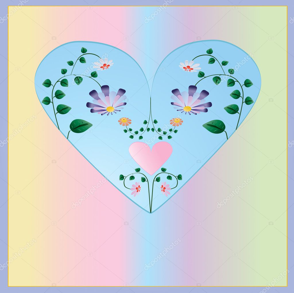 Biglietto di auguri con fiori a forma di cuore su sfondo colorato — Vettoriale Stock