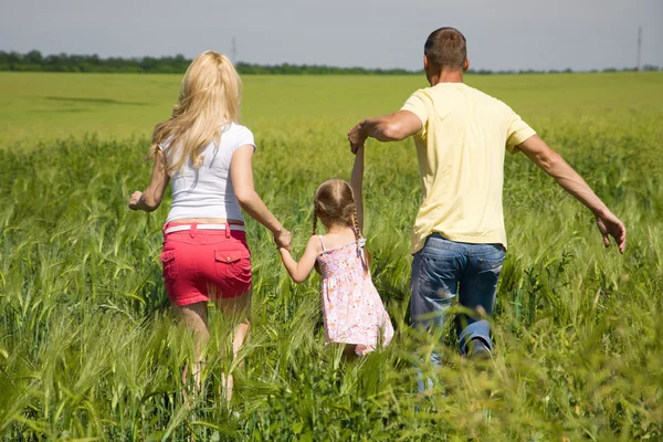 Mladá rodina, která přes pole — Stock fotografie