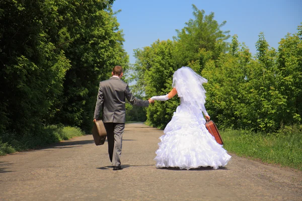 Пара тримає валізи на сільській дорозі — стокове фото