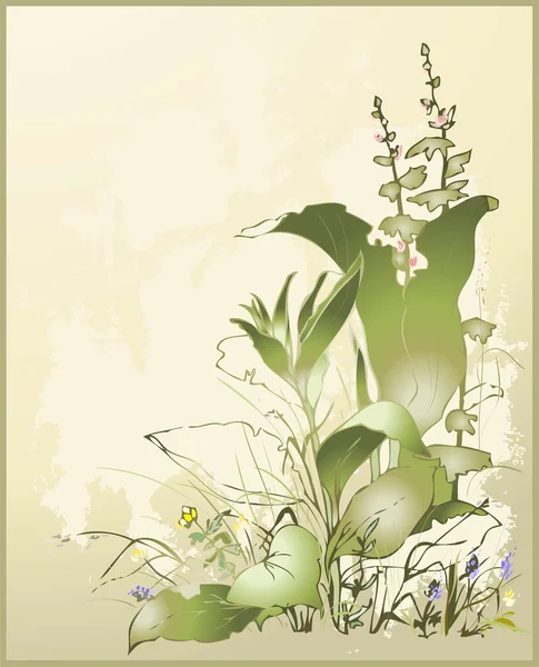 Ευχετήρια κάρτα με ένα άγριο λουλούδι και ένα χόρτο. εικονογράφηση Αγριολούλουδο και άγρια χλόη. — Διανυσματικό Αρχείο