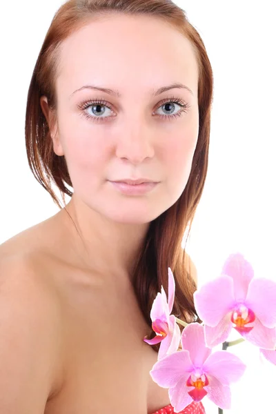Close-up portrait of young healthy red-haired woman with pink or — Stock Photo, Image