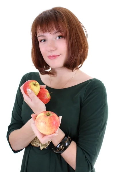 Linda mujer con manzanas aisladas sobre fondo blanco — Foto de Stock