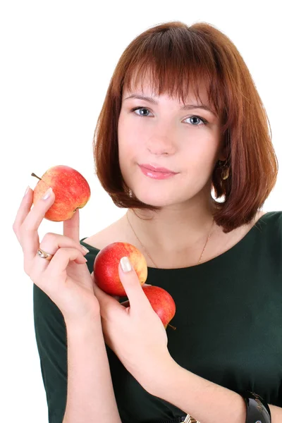 白で分離されたリンゴとかわいい女 — ストック写真