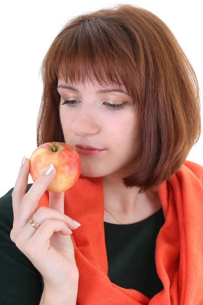Χαριτωμένο γυναίκα με το μήλο που απομονώνονται σε λευκό — Φωτογραφία Αρχείου