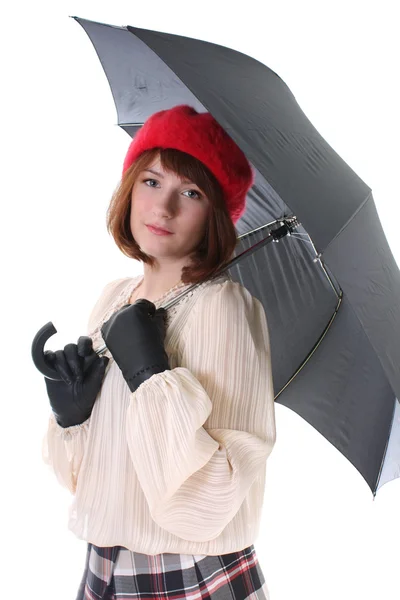 Νεαρή γυναίκα χαριτωμένο με ομπρέλα πάνω από λευκό — Φωτογραφία Αρχείου