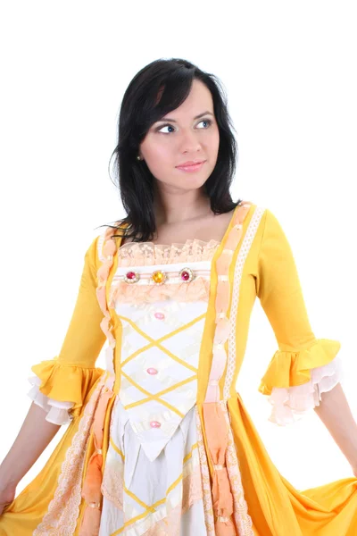 Beyaz üzerine Ortaçağ sarı elbiseli kadın — Stok fotoğraf