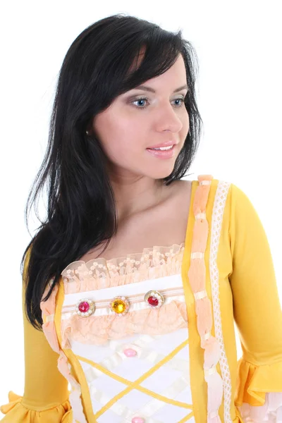 Mulher com vestido medieval amarelo sobre branco — Fotografia de Stock