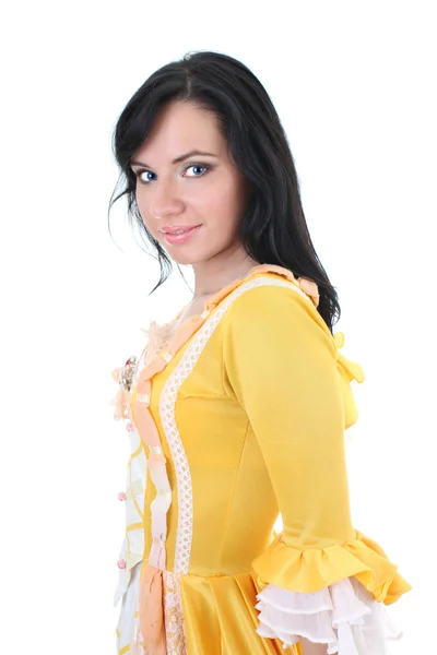 Beyaz üzerine Ortaçağ sarı elbiseli kadın — Stok fotoğraf
