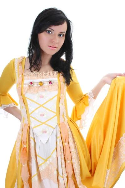 Femme en robe médiévale jaune sur blanc — Photo