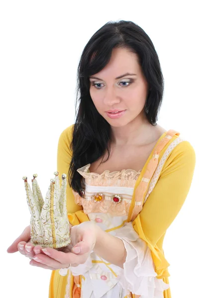 Woman in yellow medieval dress with crown over white — Stock Photo, Image