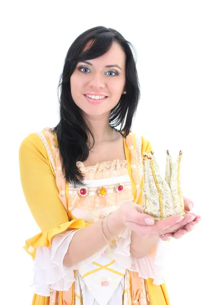 Žena v žluté středověkých šatech s korunou nad bílá — Stock fotografie