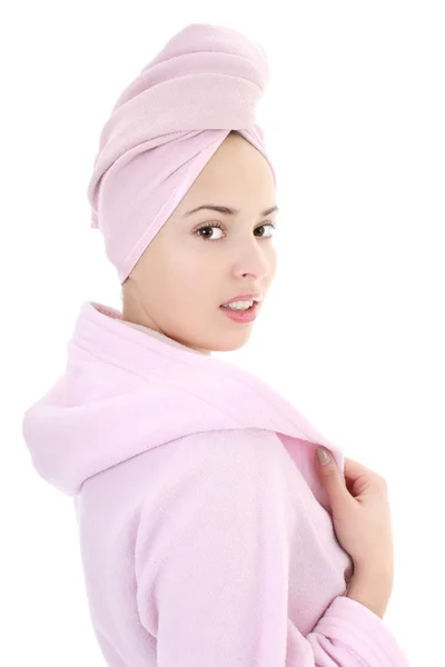 Young beautiful woman in bathrobe after bath — Stock Photo, Image
