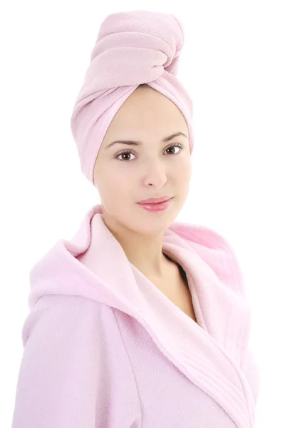Young beautiful woman in bathrobe after bath — Stock Photo, Image