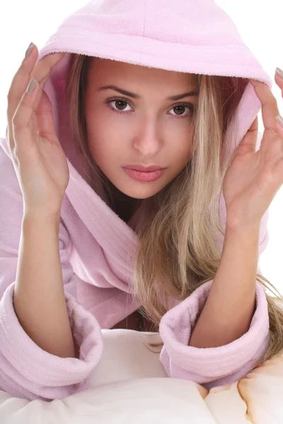 Portrait of young woman in bathrobe — Stock Photo, Image