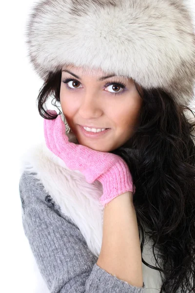 Donna attraente in cappello di pelliccia — Foto Stock