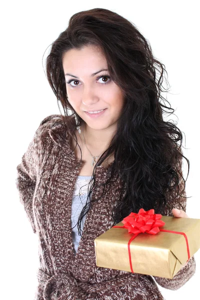 Attractive woman with present over white — Stock Photo, Image