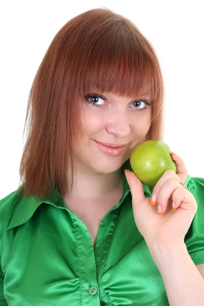 Νέα ελκυστική κοκκινομάλλης γυναίκα με πράσινο μήλο — Φωτογραφία Αρχείου
