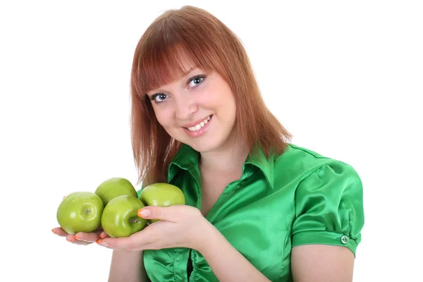 Joven atractiva mujer pelirroja con manzanas verdes — Foto de Stock