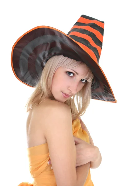 Bela loira de chapéu de bruxa — Fotografia de Stock