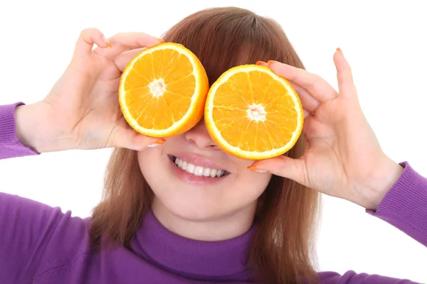 Red-haired woman with two orange slices instead of eyes — Stock Photo, Image