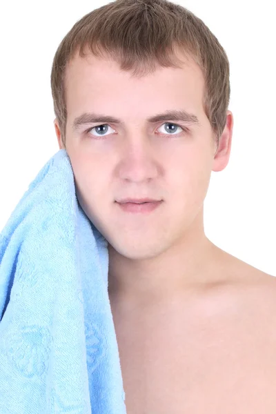 年轻人用蓝色的毛巾 — 图库照片