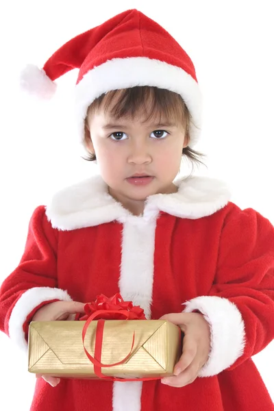 선물 산타 옷에 어린 소녀 — 스톡 사진